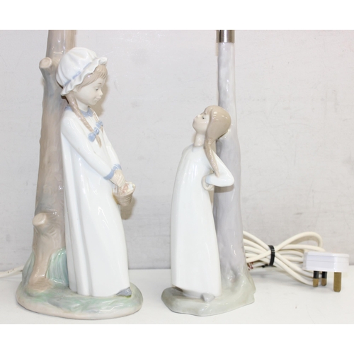 256 - 2 Nao porcelain figure lamps and a retro Poole pottery lamp, the largest approx 41cm tall