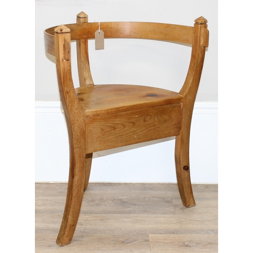 179 - An unusual Scandinavian style bentwood pine chair or stool, unmarked, approx 57cm wide x 40cm x 71cm... 