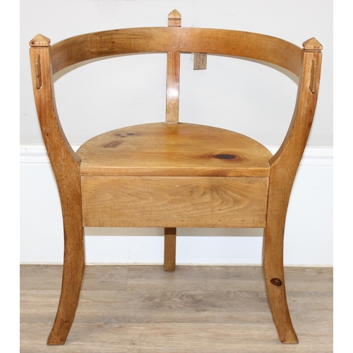 179 - An unusual Scandinavian style bentwood pine chair or stool, unmarked, approx 57cm wide x 40cm x 71cm... 