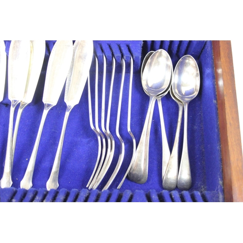 1067 - Mix of silver-plated items to incl flatware, in a high quality antique lined-mahogany box with inlai... 