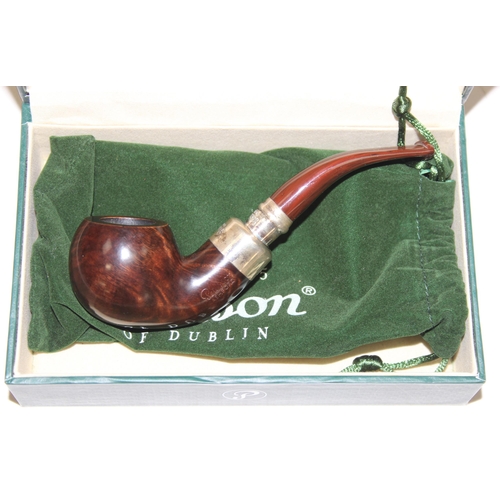 1434 - A vintage Peterson of Dublin silver mounted Ashford smoking pipe, in pouch and box, marked for Dubli... 