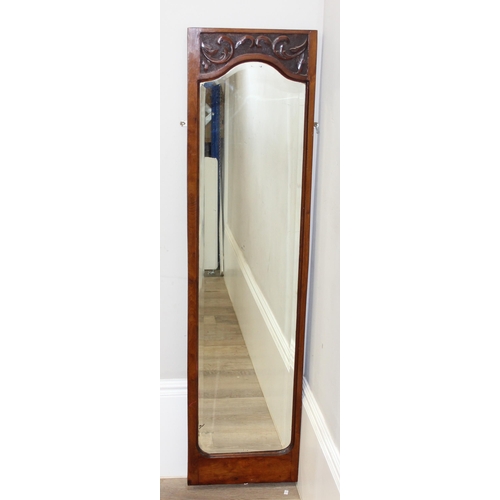 408 - Vintage mahogany framed wall mirror with carved details, approx 139cm x 36cm