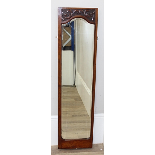 408 - Vintage mahogany framed wall mirror with carved details, approx 139cm x 36cm