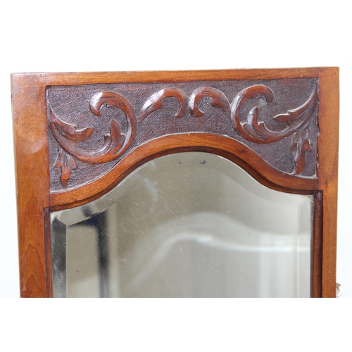 408 - Vintage mahogany framed wall mirror with carved details, approx 139cm x 36cm