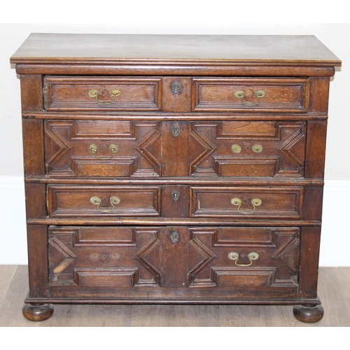 16 - A William & Mary period late 17th century oak 4 drawer chest of drawers with bun feet, later replace... 