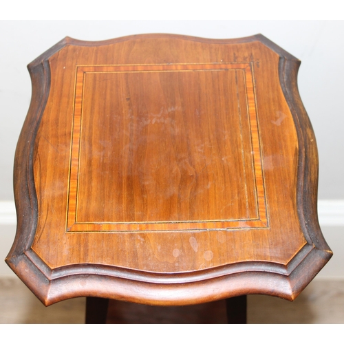 144 - An Edwardian mahogany jardiniere stand with inlaid stringing, approx 26cm square x 94cm tall