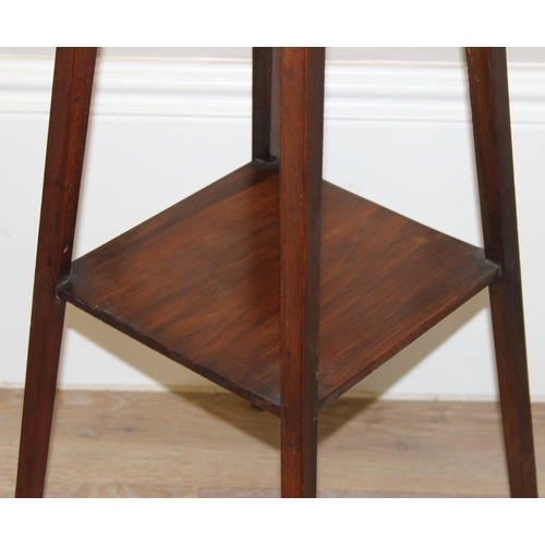 144 - An Edwardian mahogany jardiniere stand with inlaid stringing, approx 26cm square x 94cm tall