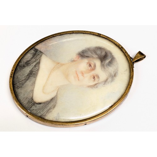 422 - An antique English School portrait miniature of a female with pearl necklace, signed lower right HMK... 