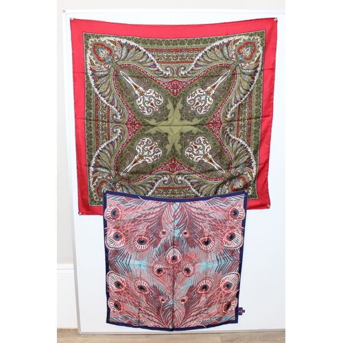 211 - 2 Liberty silk scarves, one of peacock feathers and the other a Paisley design, largest approx 86cm ... 