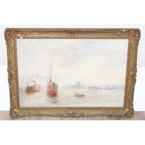 429 - An antique oil on canvas depicting boats with a distant cityscape, seemingly unsigned, the reverse o... 