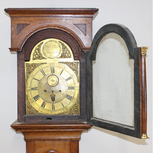 1330 - George III period oak-cased Grandfather or longcase clock with brass clock-face and brass spandrels,... 