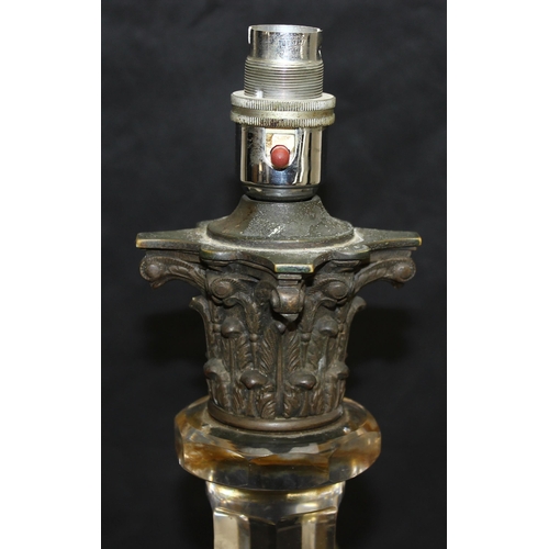 283 - Impressive cut-glass Corinthian column table lamp on stepped-square base with metal mount, likely la... 