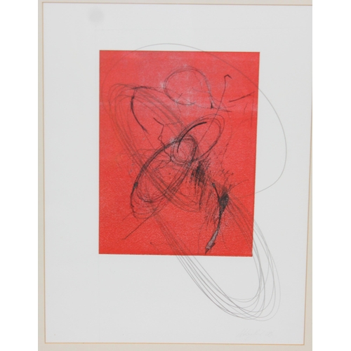 415 - Contemporary print on red ground, indistinctly signed in pencil, approx 64cm x 54cm