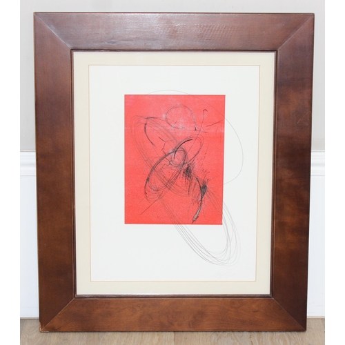 415 - Contemporary print on red ground, indistinctly signed in pencil, approx 64cm x 54cm