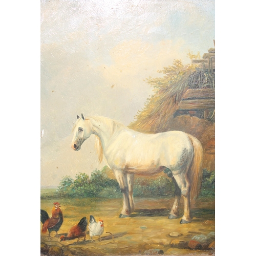 418 - Oil on board of a Dapple Grey horse with some chickens, in impressive gilt frame, approx 34cm x 29cm