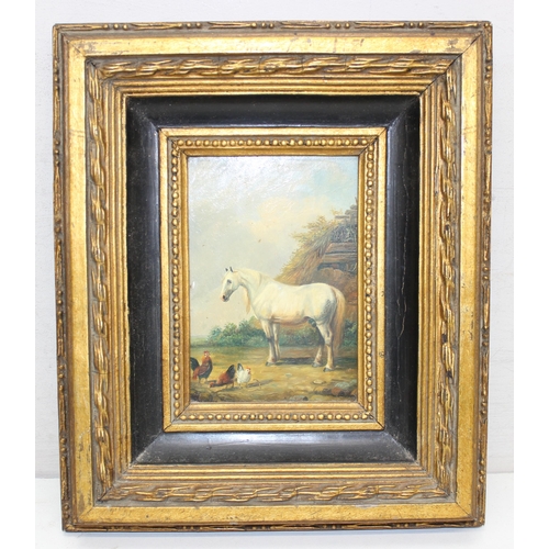 418 - Oil on board of a Dapple Grey horse with some chickens, in impressive gilt frame, approx 34cm x 29cm