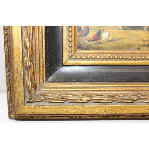 418 - Oil on board of a Dapple Grey horse with some chickens, in impressive gilt frame, approx 34cm x 29cm