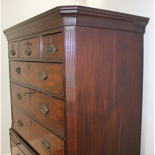 66 - A 19th century mahogany chest on chest, the top having three short and three long drawers, the base ... 