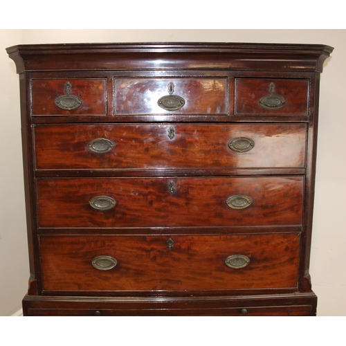 66 - A 19th century mahogany chest on chest, the top having three short and three long drawers, the base ... 