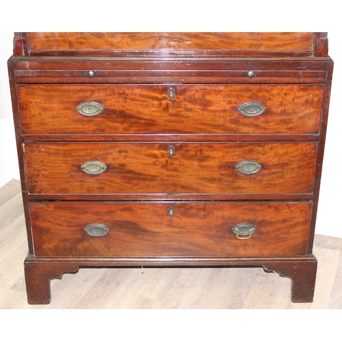 66 - A 19th century mahogany chest on chest, the top having three short and three long drawers, the base ... 