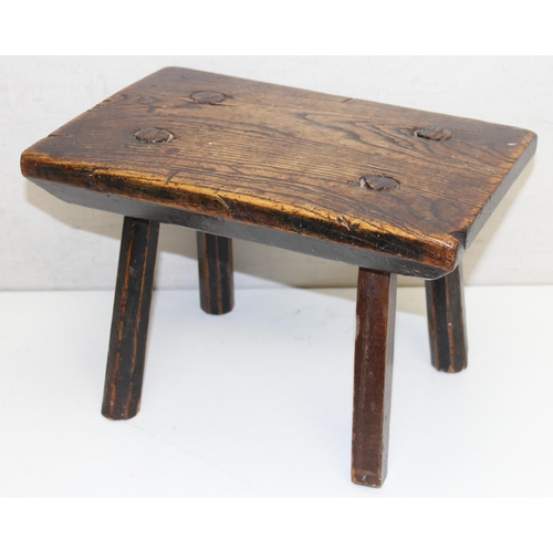 45 - Late 18th/ early 19th century rustic elm topped stool with 4 legs, possibly a lace-makers stool, 1 l... 