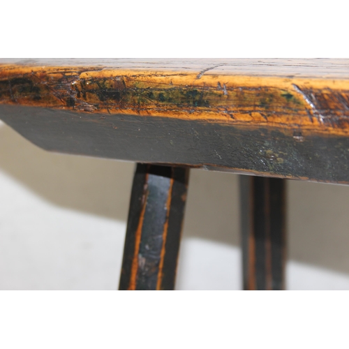 45 - Late 18th/ early 19th century rustic elm topped stool with 4 legs, possibly a lace-makers stool, 1 l... 