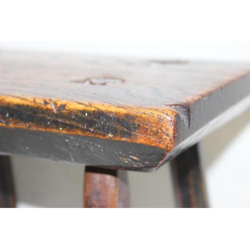 45 - Late 18th/ early 19th century rustic elm topped stool with 4 legs, possibly a lace-makers stool, 1 l... 