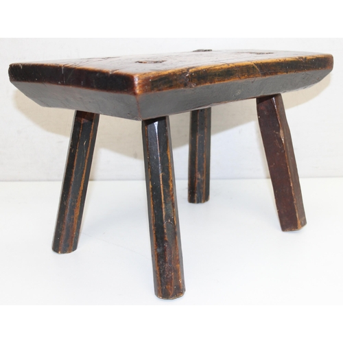 45 - Late 18th/ early 19th century rustic elm topped stool with 4 legs, possibly a lace-makers stool, 1 l... 