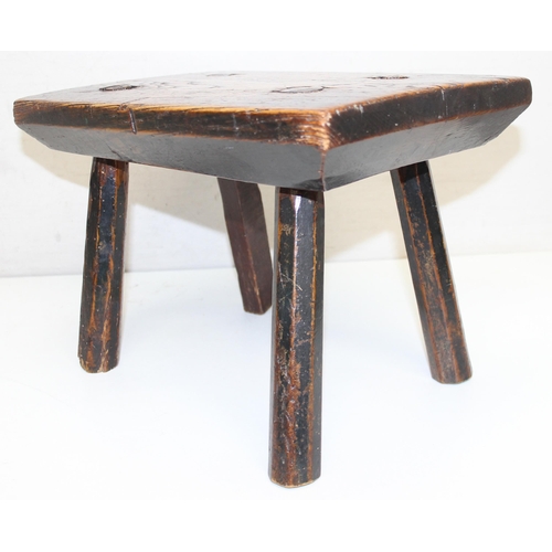 45 - Late 18th/ early 19th century rustic elm topped stool with 4 legs, possibly a lace-makers stool, 1 l... 