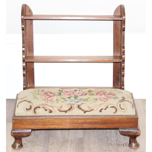 61 - Victorian footstool with tapestry top on Queen Anne style legs and a vintage wall shelf, the footsto... 