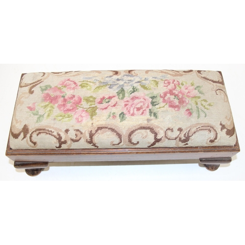 61 - Victorian footstool with tapestry top on Queen Anne style legs and a vintage wall shelf, the footsto... 