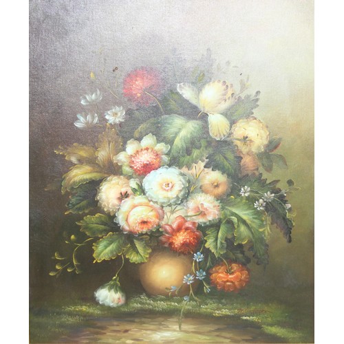 416 - Oil on board of a still life flower arrangement featuring Dahlias in gilt frame, approx 68cm x 58cm