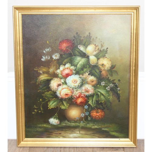 416 - Oil on board of a still life flower arrangement featuring Dahlias in gilt frame, approx 68cm x 58cm