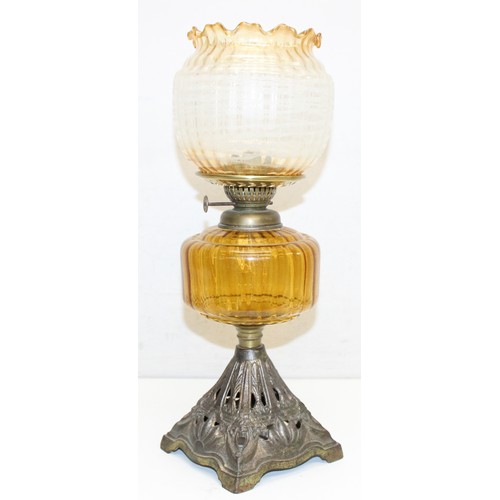 265 - 4 various oil lamps to include 2 with acid etched art nouveau glass shades, and 2 further spare glas... 