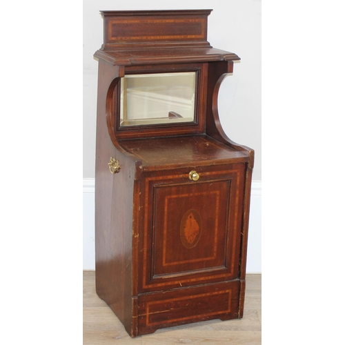 60 - An Edwardian mahogany Sheraton revival low cabinet with drop down front and mirror back and brass ha... 