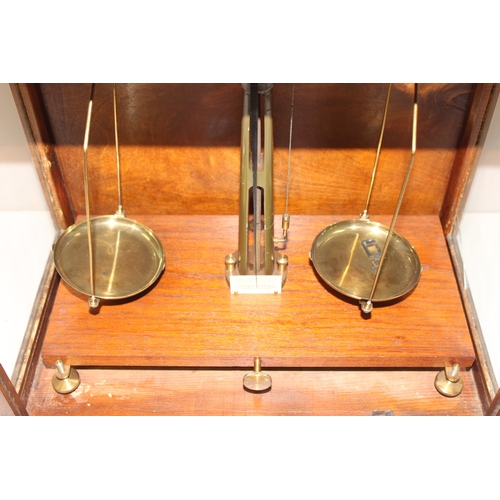 745 - Vintage scientific balance scales in glazed wooden case, approx 48cm x 27cm x 46cm and a surveyors l... 