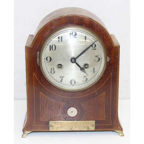 1333 - Vintage Art Deco style mechanical dome-topped wooden cased mantel clock with inlaid details, missing... 