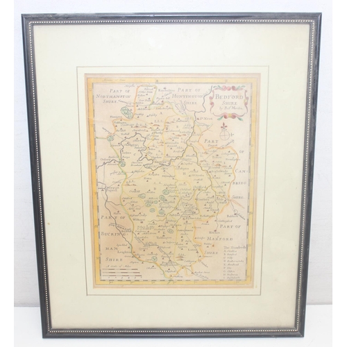 436 - Mix of pictures/prints to incl an antique map of Bedfordshire with hand coloured details by Robert M... 