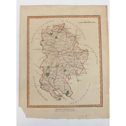 436 - Mix of pictures/prints to incl an antique map of Bedfordshire with hand coloured details by Robert M... 