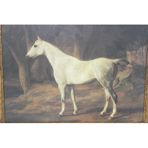 443 - An antique style picture of a white horse, textured print of an oil painting on board, in highly dec... 