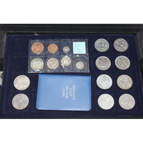 1215 - Aluminium coin collectors' case and contents, mainly commemorative crowns, 2 £5 coins, qty of bankno... 