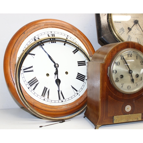 1333 - Vintage Art Deco style mechanical dome-topped wooden cased mantel clock with inlaid details, missing... 