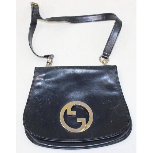 212 - Vintage (c.1970s) Gucci Blondie leather handbag with shoulder-strap in navy blue with gold plated do... 