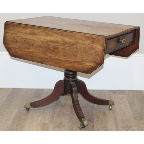 102 - A Regency period mahogany drop leaf table with single drawer, mounted on turned pillar and splayed l... 