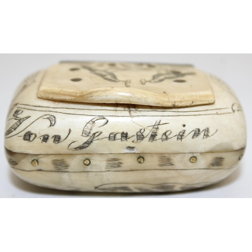 1464 - A Dutch scrimshaw snuff box named to Von Gastein, a superb quality carved Meerschaum pipe depicting ... 