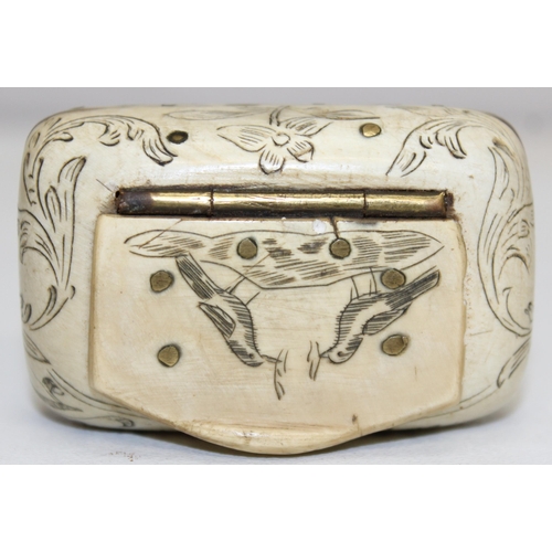 1464 - A Dutch scrimshaw snuff box named to Von Gastein, a superb quality carved Meerschaum pipe depicting ... 