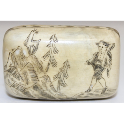 1464 - A Dutch scrimshaw snuff box named to Von Gastein, a superb quality carved Meerschaum pipe depicting ... 