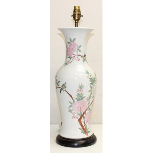 268A - large Oriental converted table lamp on wooden base with floral decoration, approx 50cm tall