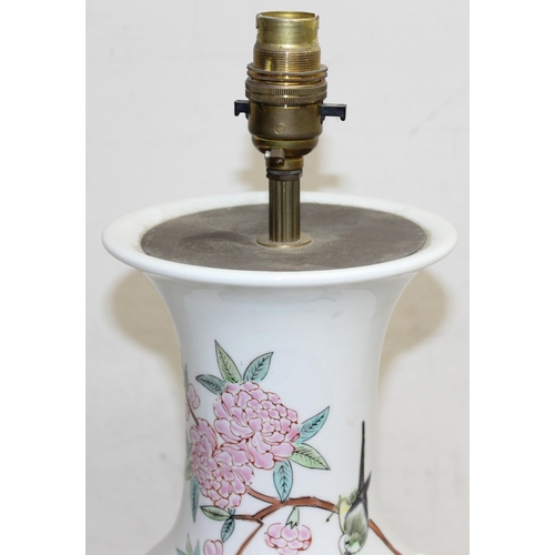 268A - large Oriental converted table lamp on wooden base with floral decoration, approx 50cm tall