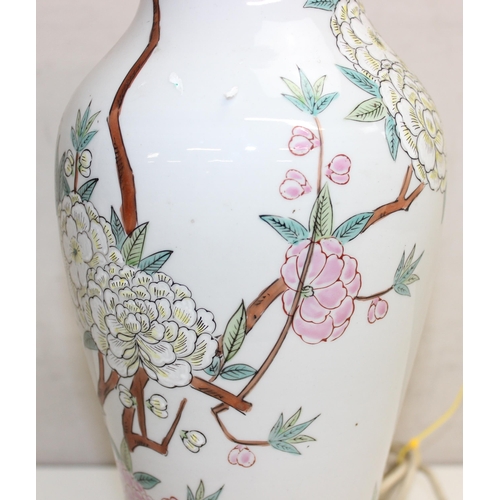 268A - large Oriental converted table lamp on wooden base with floral decoration, approx 50cm tall